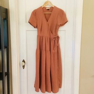 Universal Thread Midi Peasant Style Wrap Dress Size XS Cotton Gauze Caramel